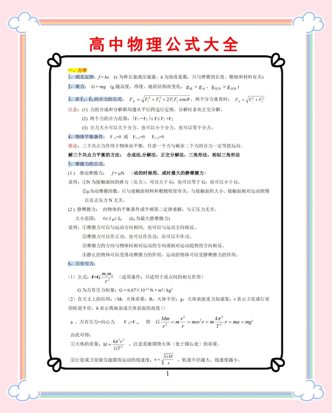 高中物理公式大全整理版夸克网盘
