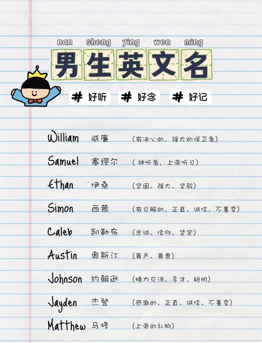男生简单好记的英文名字大全两个字